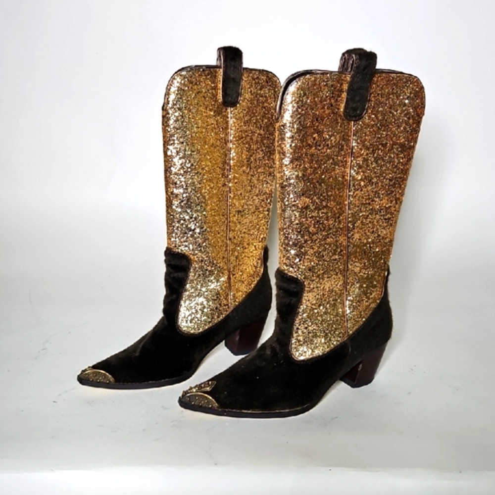 Colin Stewart Gold Glitter and Black Faux Fur Women's Cowboy Boots. SIZE 8.5